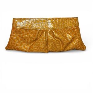LAUREN MERKIN Louise Clutch Caramel Crocodile-Embossed Patent Leather Bag Purse